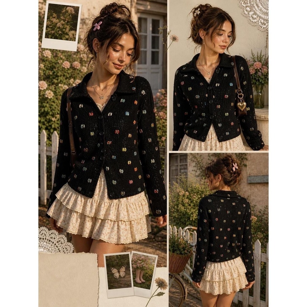 Talbots Petites M Y2K Retro Black Cardigan Sweater Embroidered Colorful Dot